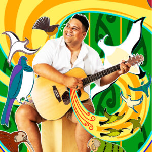 Rutene Spooner playing the guitar with stylized nature artwork around him